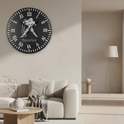 Decorative slate clock face with Aquarius zodiac symbol and Roman numerals on a grid background