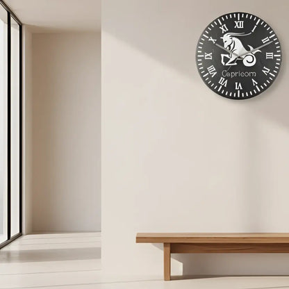Clock with Capricorn zodiac sign and Roman numerals on a slate black background