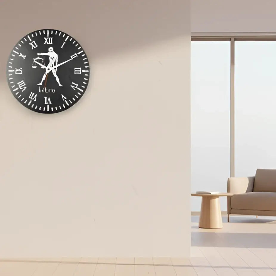 Decorative slate clock face with Libra zodiac sign and Roman numerals