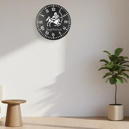 Sagittarius zodiac sign on a slate clock face with Roman numerals
