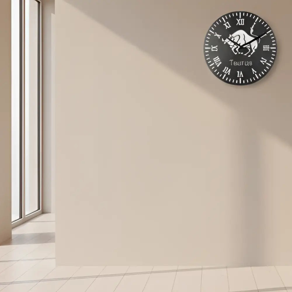 Decorative slate clock face with Taurus zodiac sign and Roman numerals