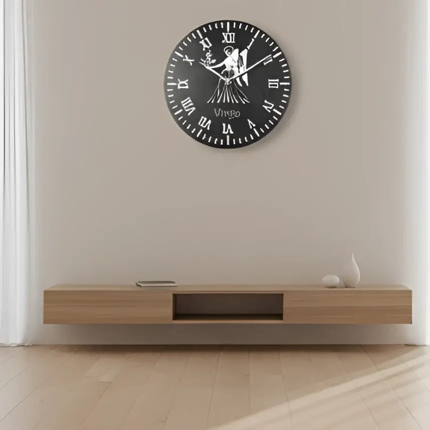 Decorative slate clock face with Virgo zodiac sign design on a gray background