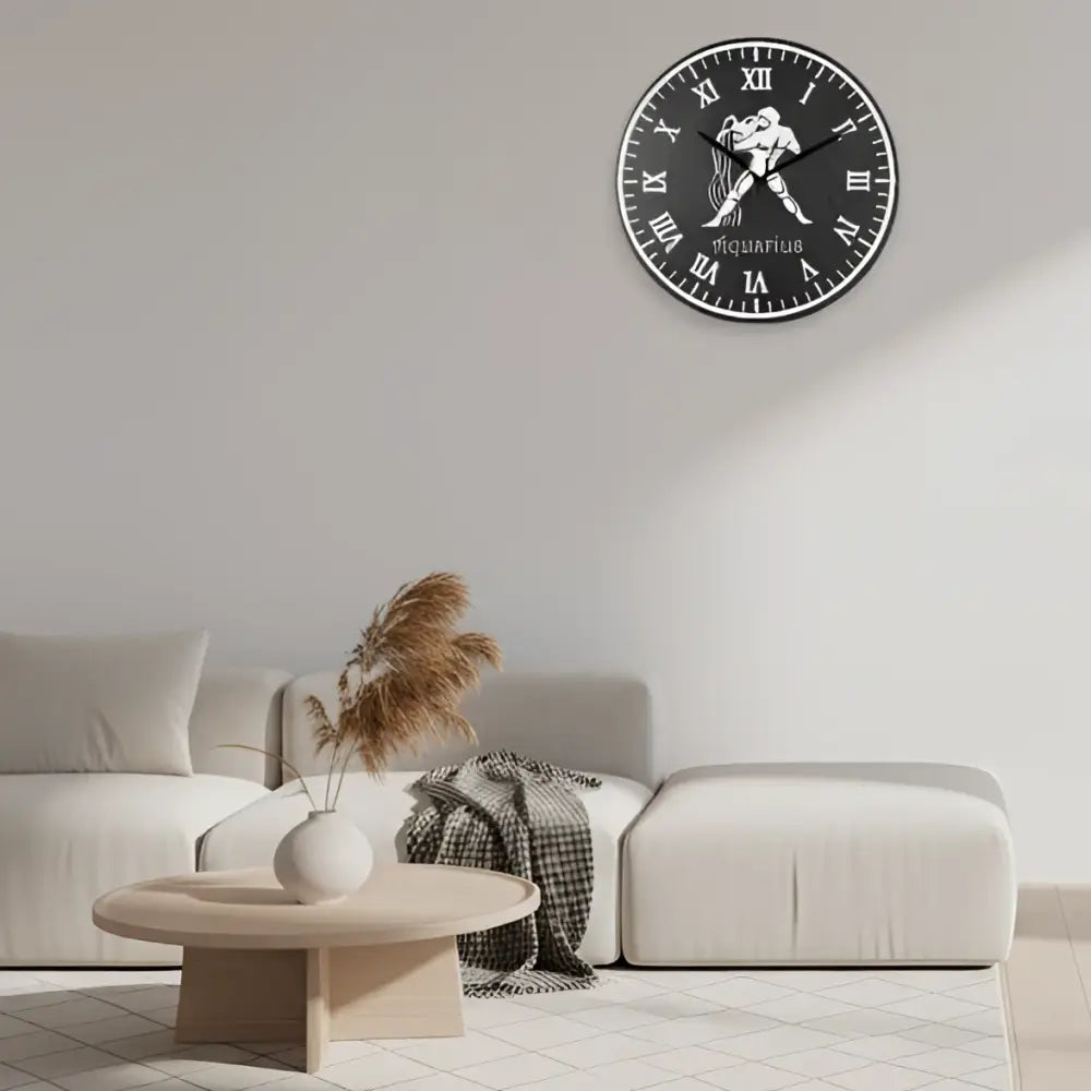Decorative slate clock face with Aquarius zodiac symbol and Roman numerals