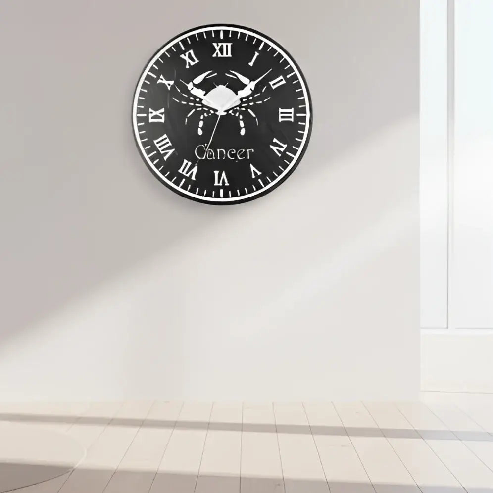 Decorative slate clock face with a crab symbol and 'Cancer' text on a grid background