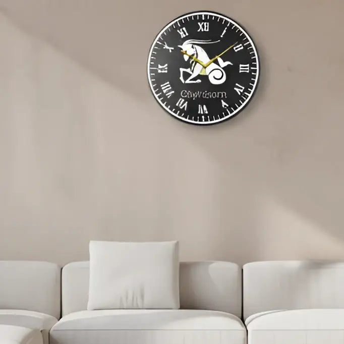 Capricorn zodiac sign on a slate clock face with Roman numerals