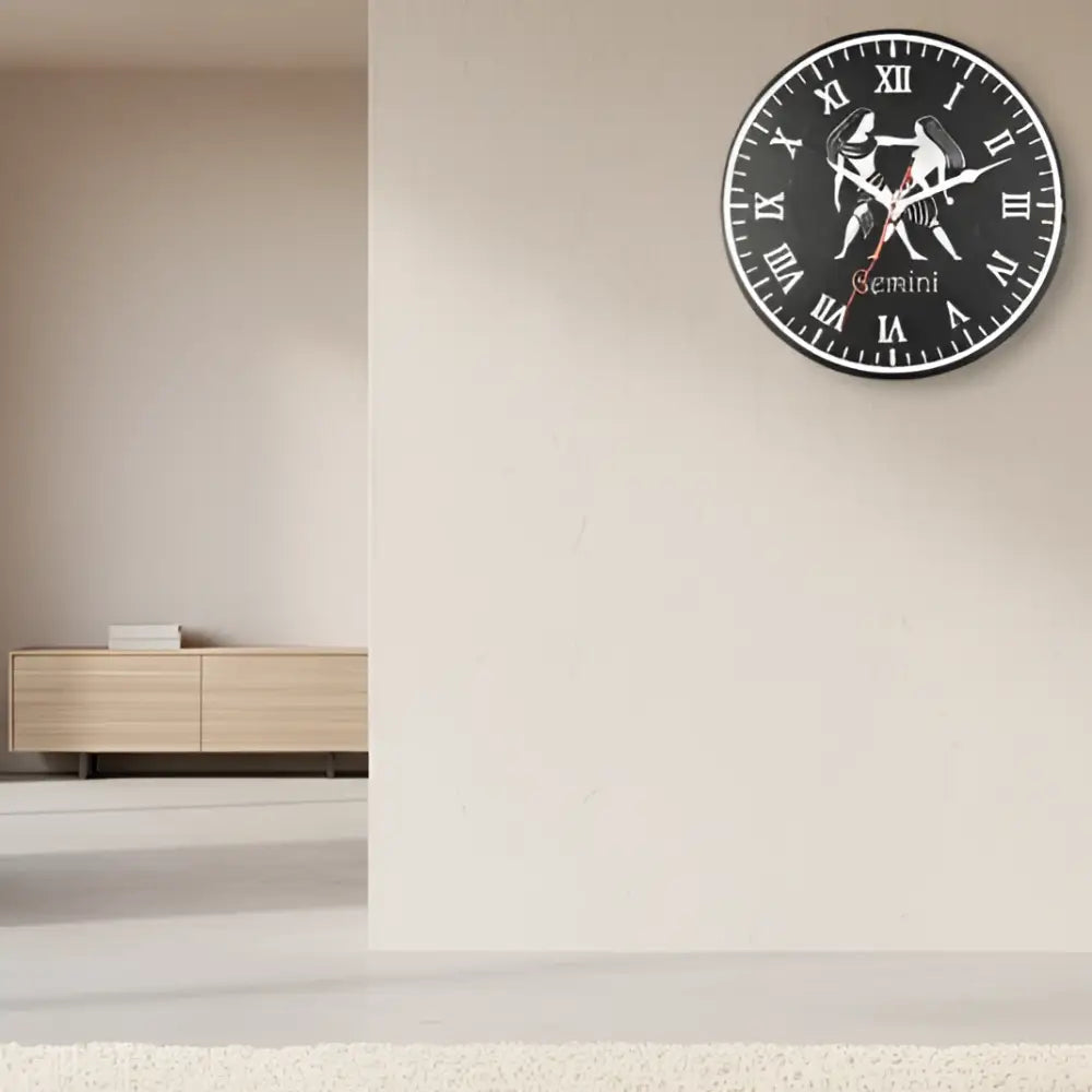 Decorative slate clock face with Gemini zodiac sign and Roman numerals