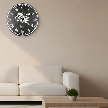 Decorative slate clock face with a lion symbol and Roman numerals on a black background