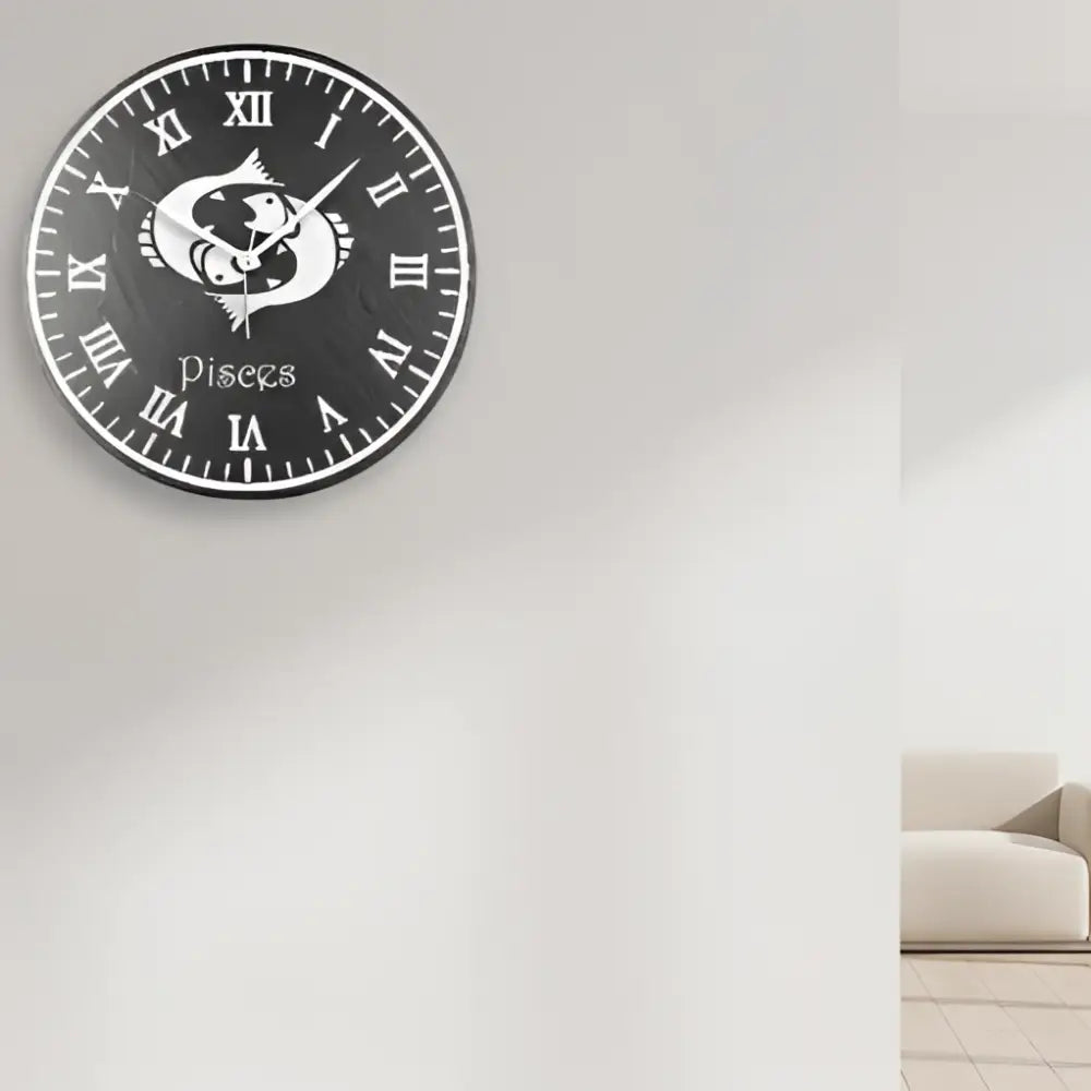 Decorative slate clock face with Pisces zodiac sign and Roman numerals