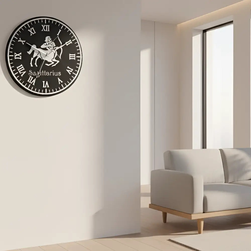 Sagittarius zodiac sign on a slate clock face with Roman numerals