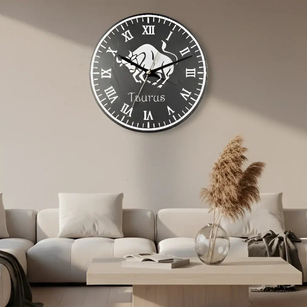 Taurus zodiac sign on a slate clock face with Roman numerals