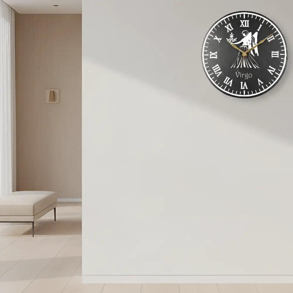 Decorative slate clock face with Virgo zodiac symbol and Roman numerals