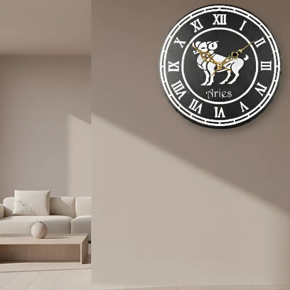 Aries zodiac symbol with Roman numerals on a circular slate background