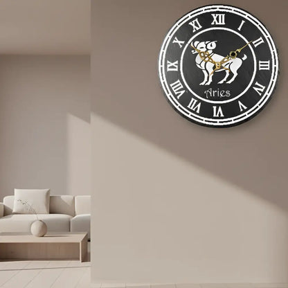 Aries zodiac symbol with Roman numerals on a circular slate background