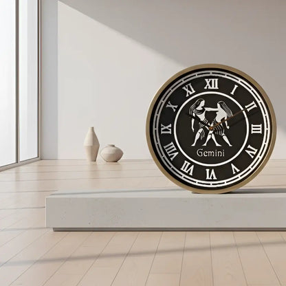 Zodiac sign of Gemini with Roman numerals on a circular slate background