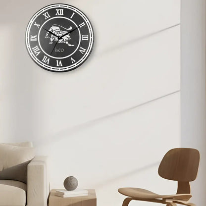 Circular design with Roman numerals on slate and a lion symbol, resembling a zodiac sign.