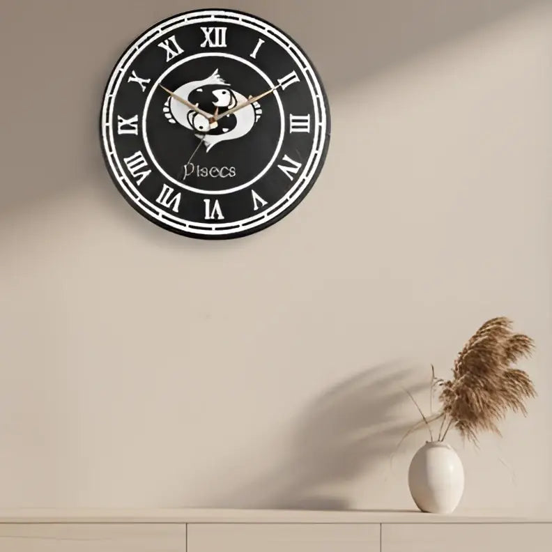 Pisces zodiac symbol with Roman numerals on a circular slate background