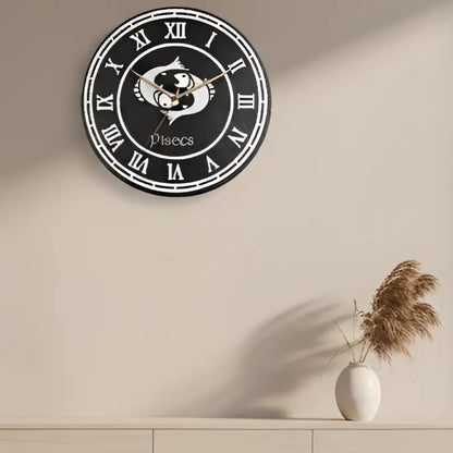 Pisces zodiac symbol with Roman numerals on a circular slate background
