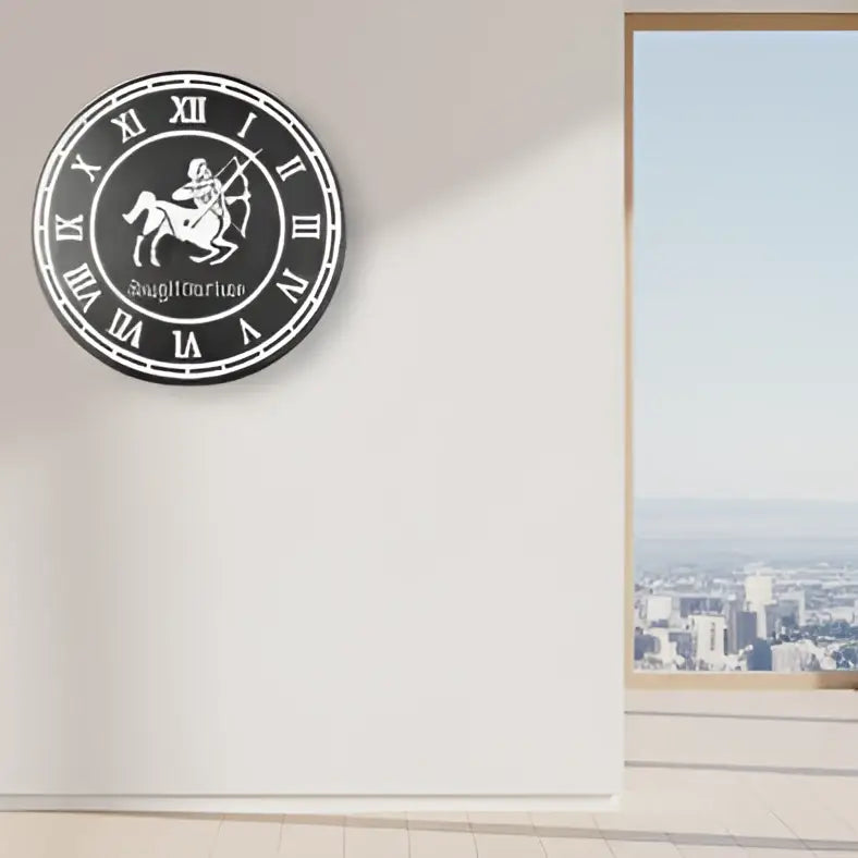 Sagittarius zodiac sign with Roman numerals on a circular slate background