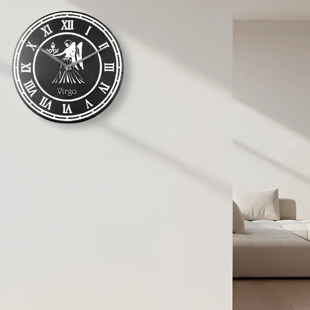 Circular design with Roman numerals and a silhouette of Virgo, on a slate background.