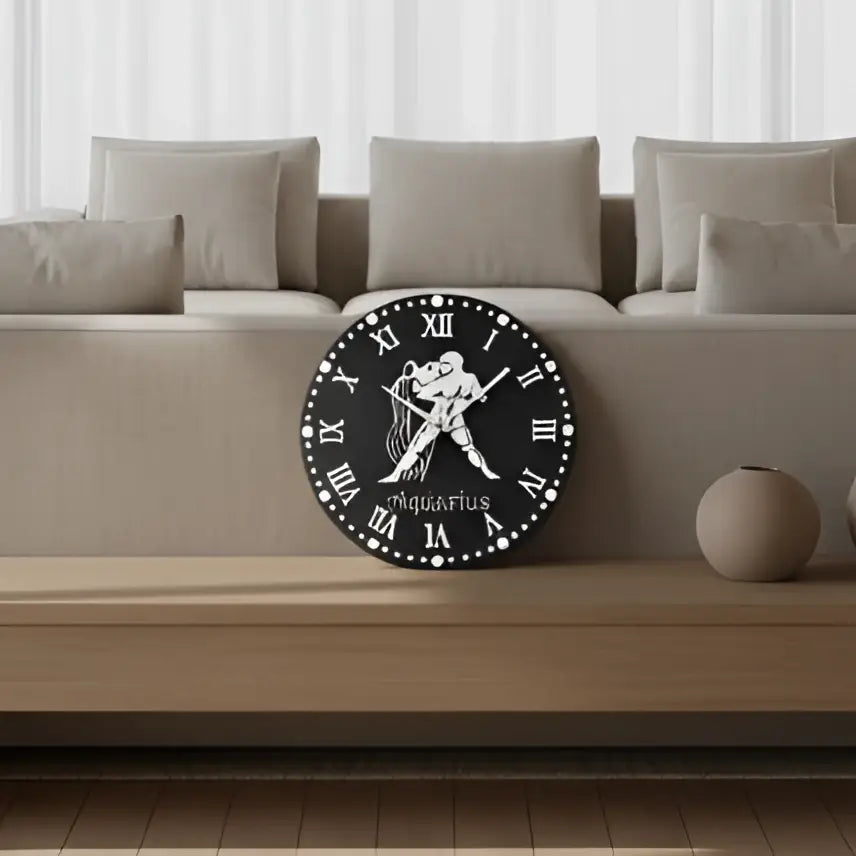 Slate coaster with Aquarius zodiac symbol and Roman numerals on a slate background