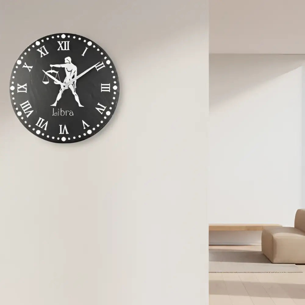 Decorative plate with Libra zodiac sign and Roman numerals on a slate background