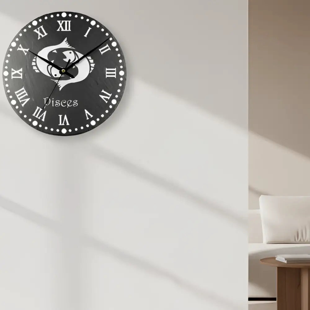 Pisces zodiac sign symbol on a slate background with Roman numerals