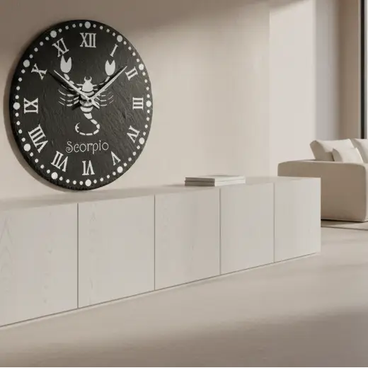 Decorative wall piece with Scorpio zodiac symbol and Roman numerals on a black slate background