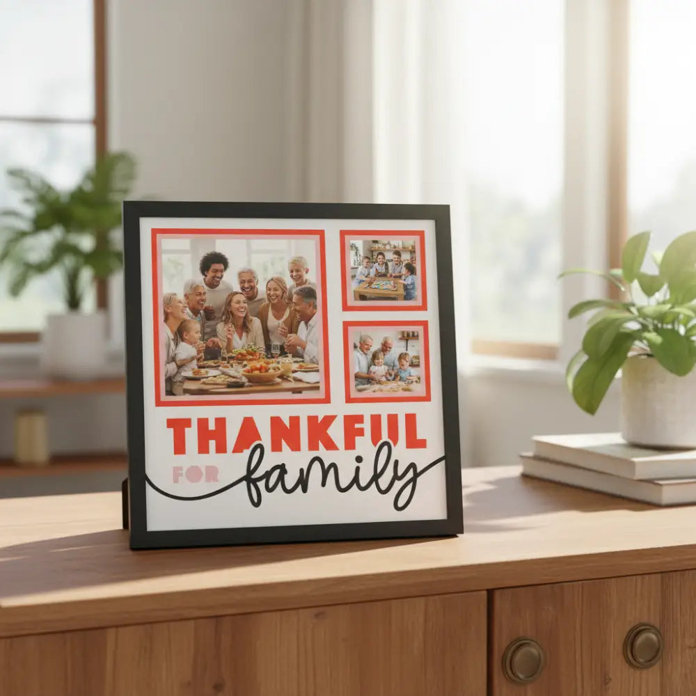 Design template with 'Thankful for family' text and three white frames on a black border.