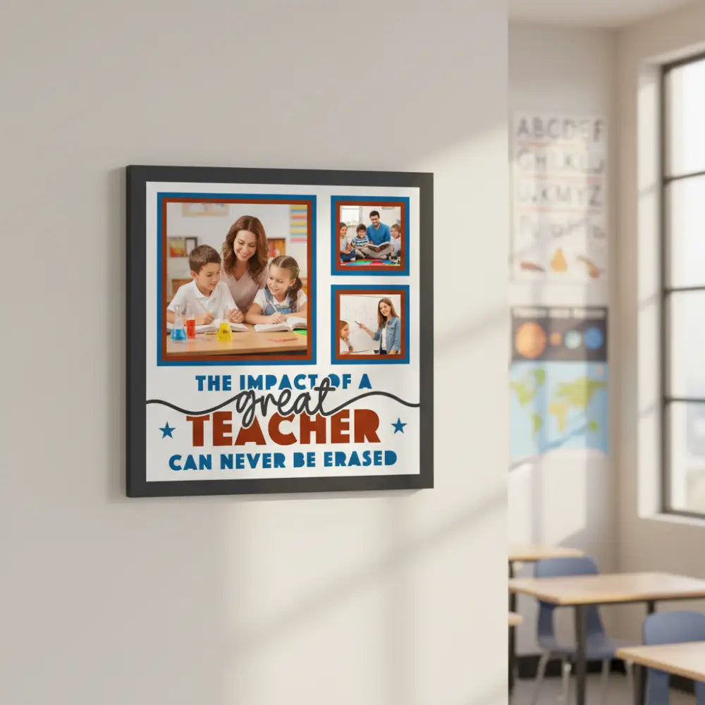 Decorative poster with frames and text about a great teacher's impact