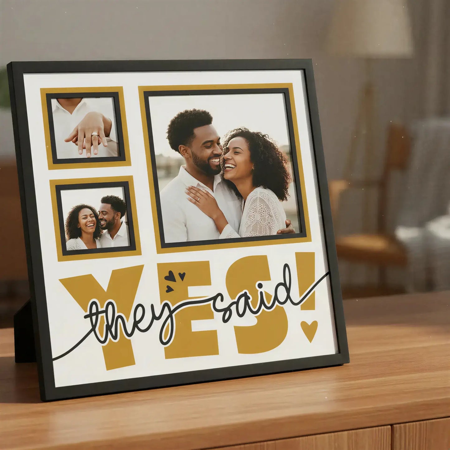 Decorative design with 'YES!' text and photo frames on a white background