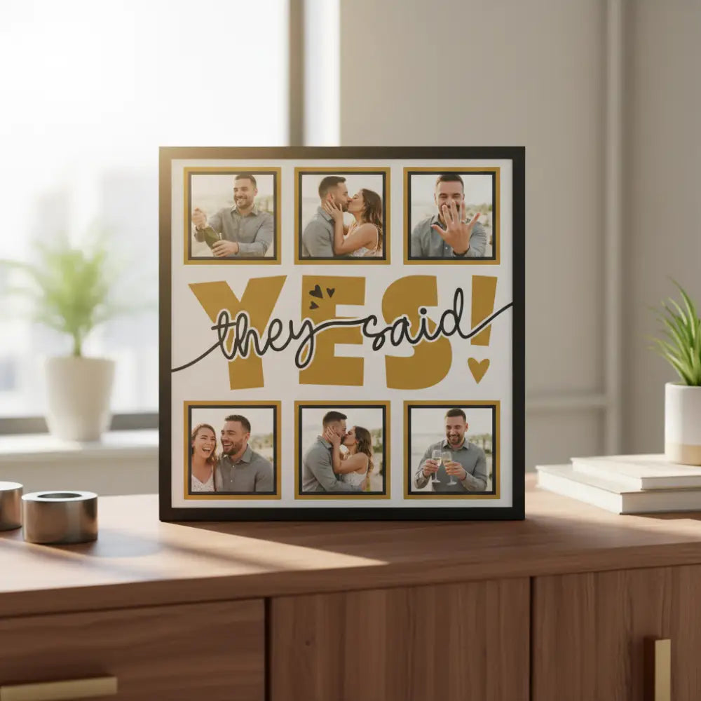 Decorative wall art with 'YES! they said' text and gold frames on a white background