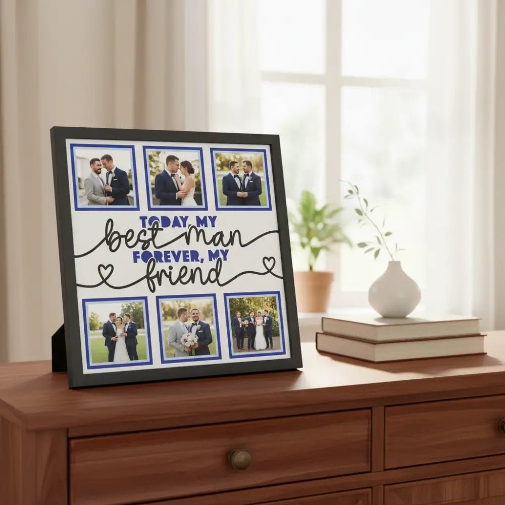 Card with text 'Today my best man forever, my friend' and space for photos.