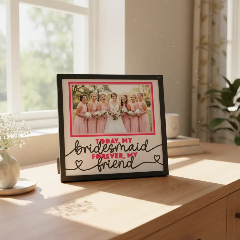 Framed quote card with 'Today, my bridesmaid forever, my friend' text on a white background.