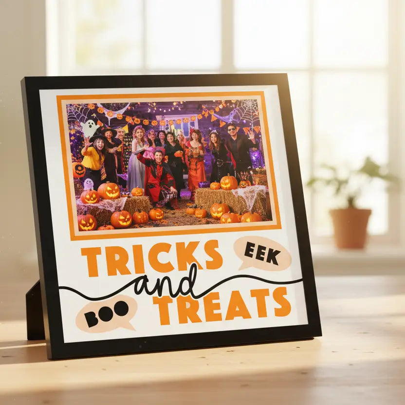 Halloween-themed photo frame with text 'Tricks and Treats' and 'EEK! BOO!' on a white background.