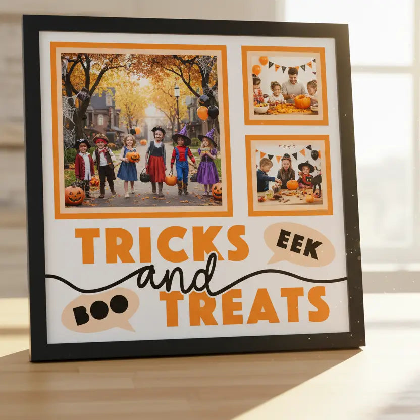 Halloween-themed photo frame with text 'Tricks and Treats' and 'EEK' on a white background.