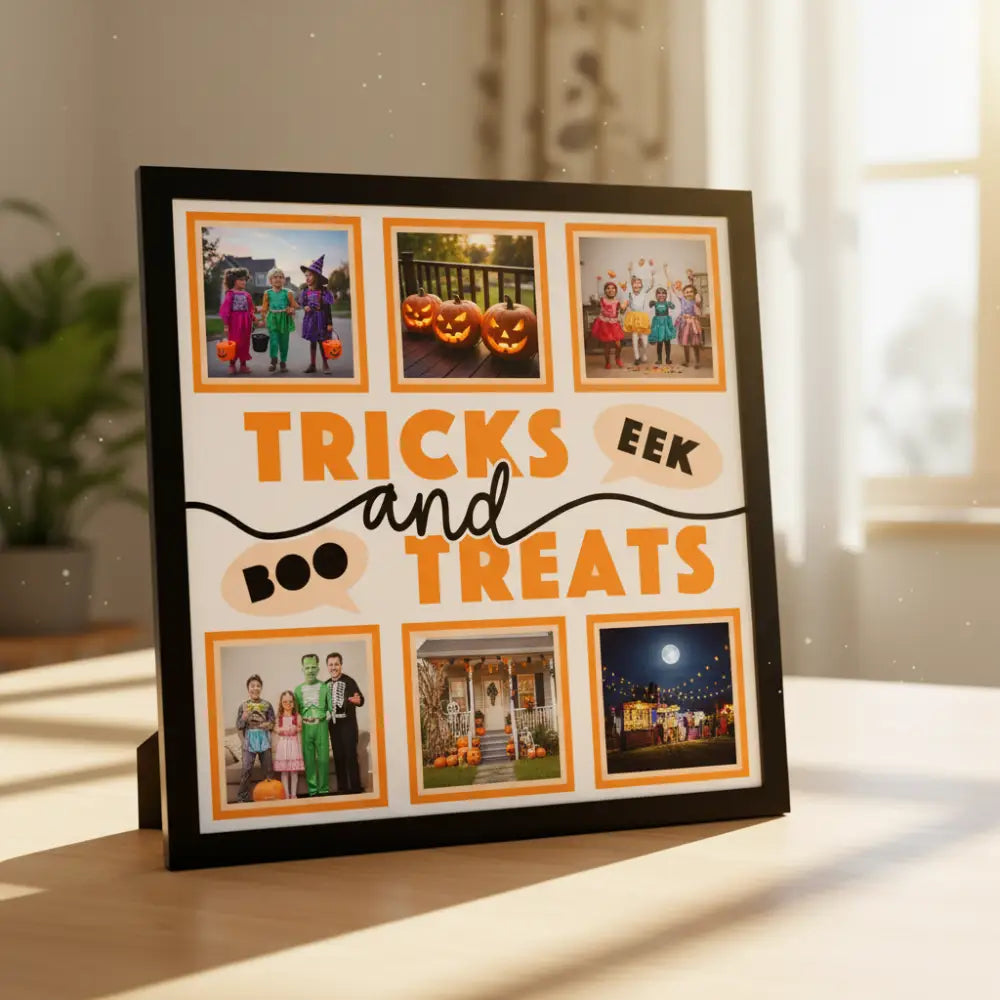 Halloween-themed scrapbook layout with text 'Tricks and Treats' and black frames.