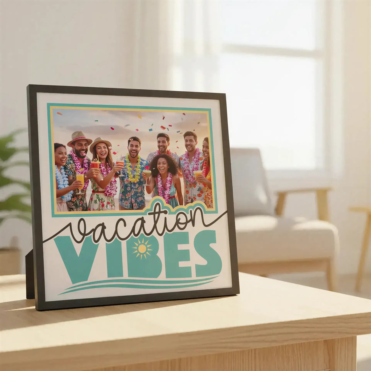Decorative graphic with 'Vacation Vibes' text and sun icon on a white background