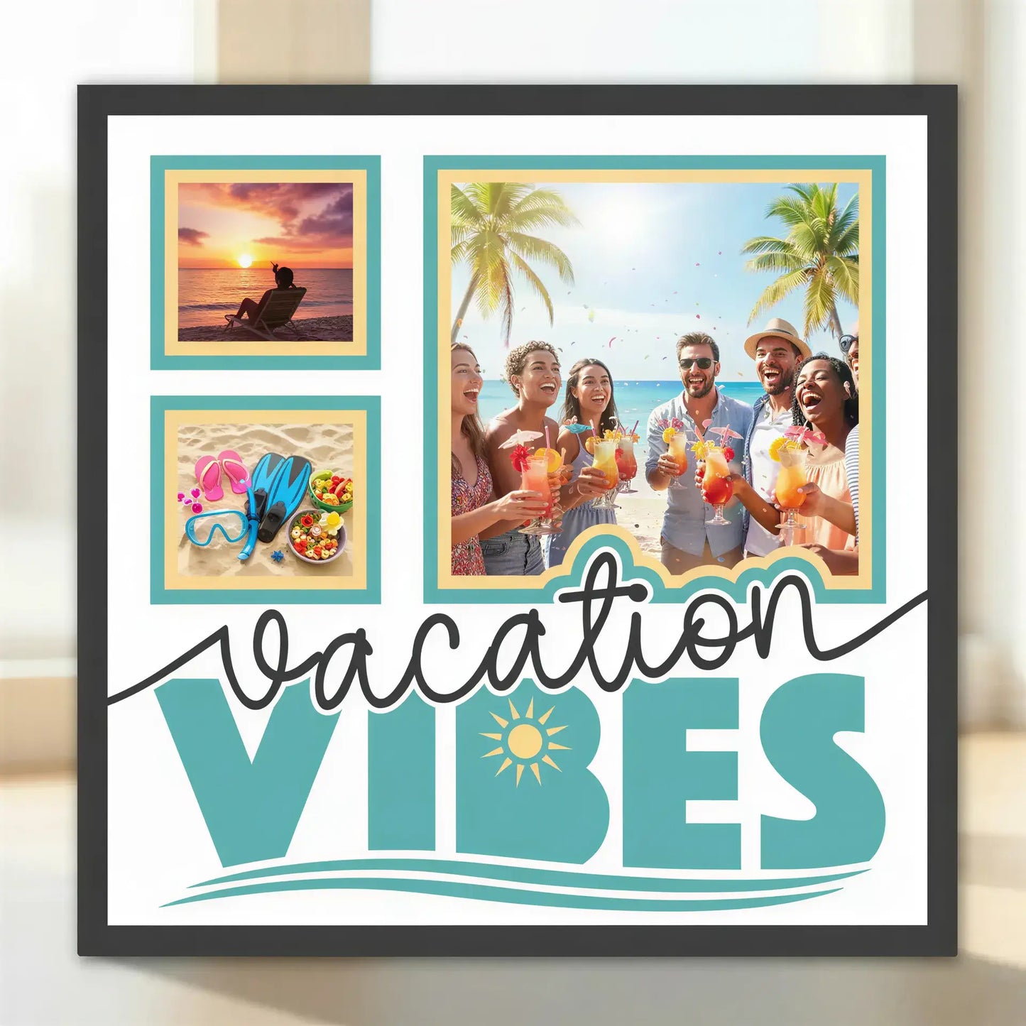 Decorative graphic with 'Vacation Vibes' text and beach-themed elements on a white background.