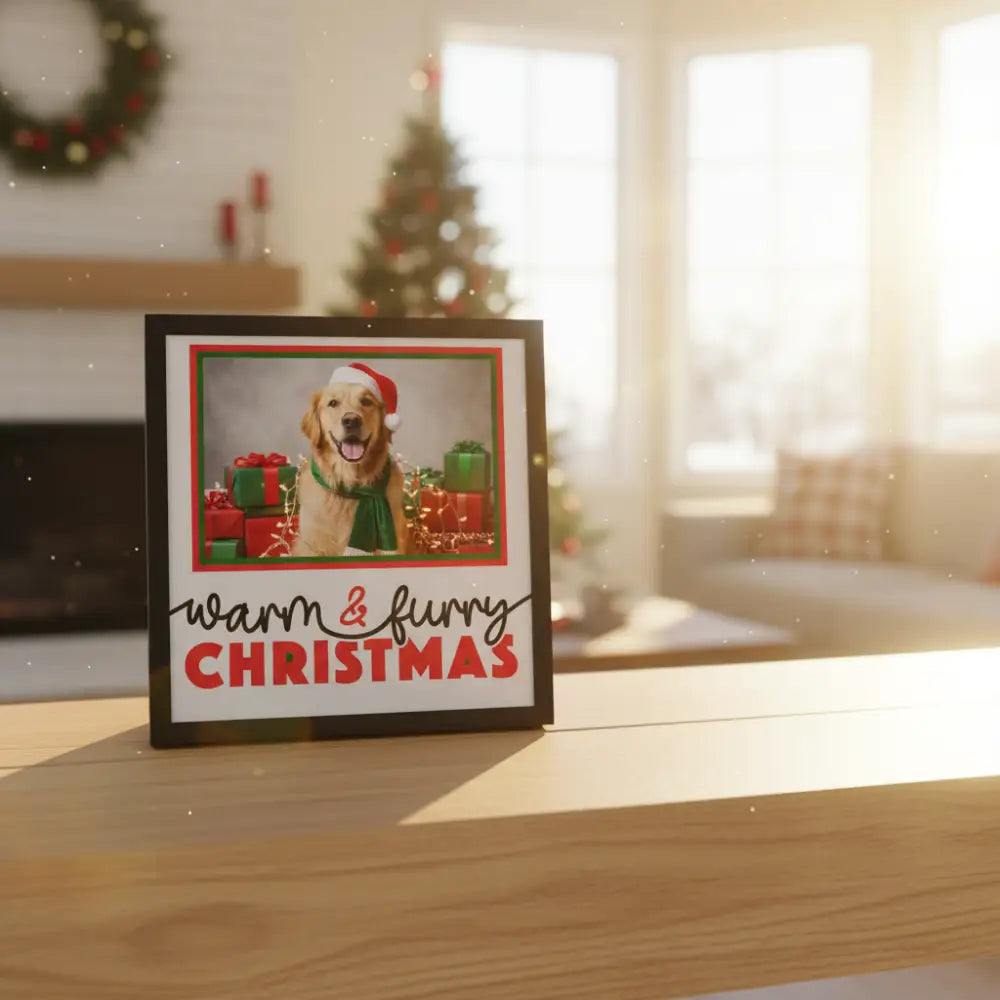 Decorative text 'Warm & Furry Christmas' with a red and green border on a white background.