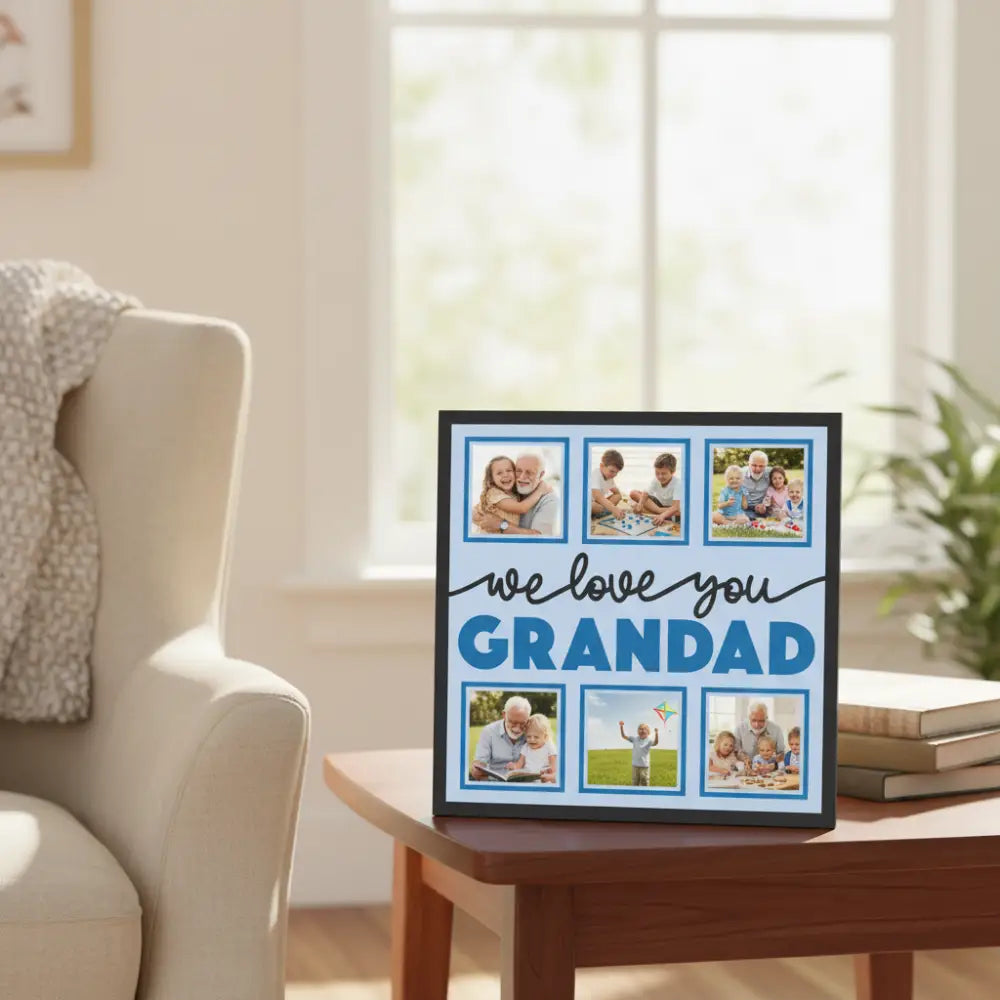 Card with 'we love you GRANDAD' text on a light blue background