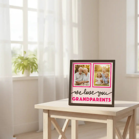 Design for grandparents with two photo frames and text 'we love you GRANDPARENTS' on a pink background.