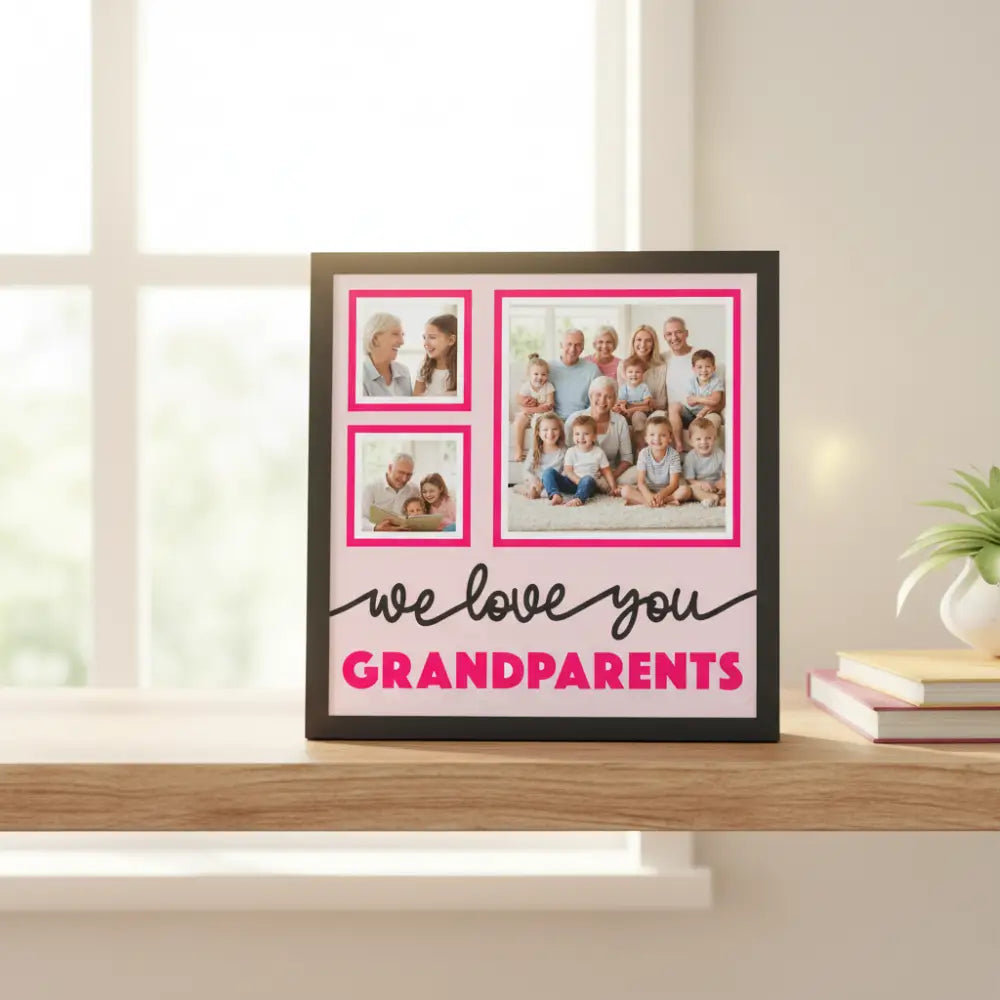 Design for grandparents with three gray square frames on a pink background and text 'we love you GRANDPARENTS'.