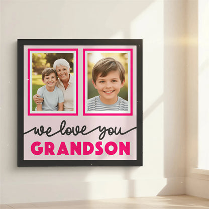Decorative poster with two photo frames and text 'we love you GRANDSON' on a pink background