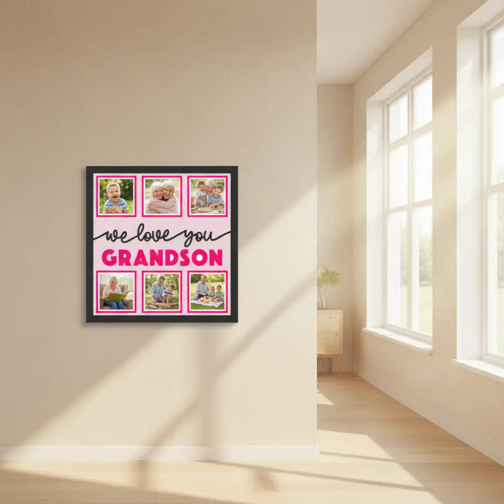 Decorative panel with 'we love you grandson' text and photo frames on a pink background