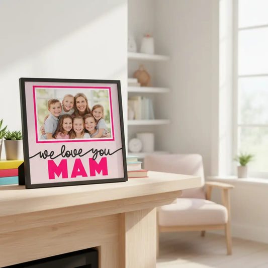 Pink background with 'we love you MAM' text