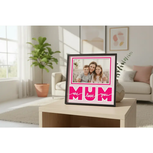 Card with 'MUM we love you' text on a pink background