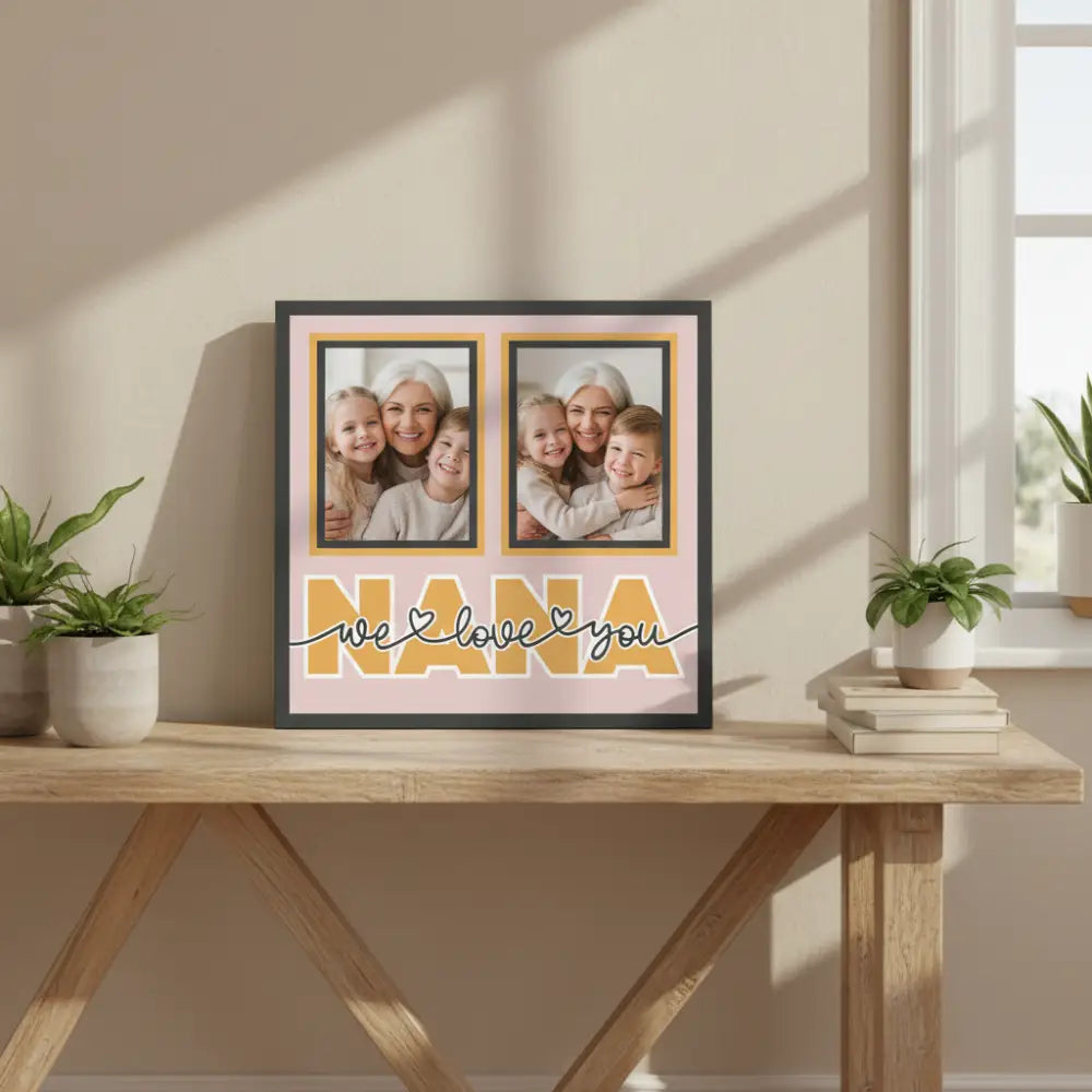 Decorative wall art with two photo frames and 'Nana, we love you' text on a pink background.
