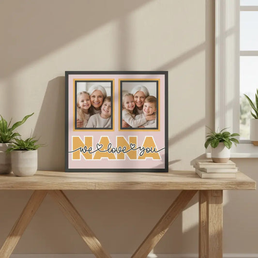 Decorative wall art with two photo frames and 'Nana, we love you' text on a pink background.