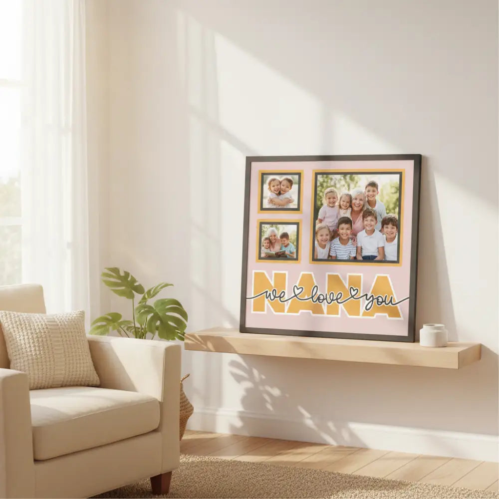 Decorative scrapbook page with 'Nana, we love you' text and photo frames on a pink background.