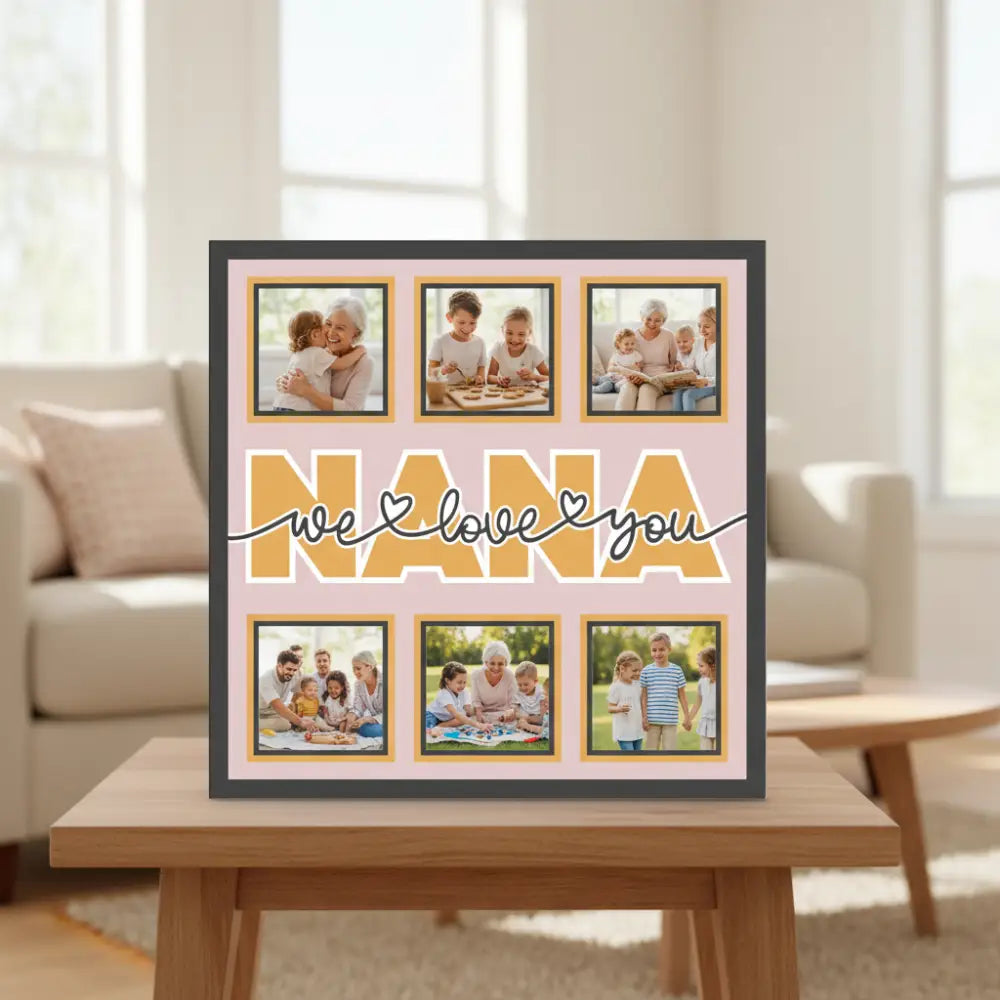 Decorative wall art with 'Nana, we love you' text on a pink background
